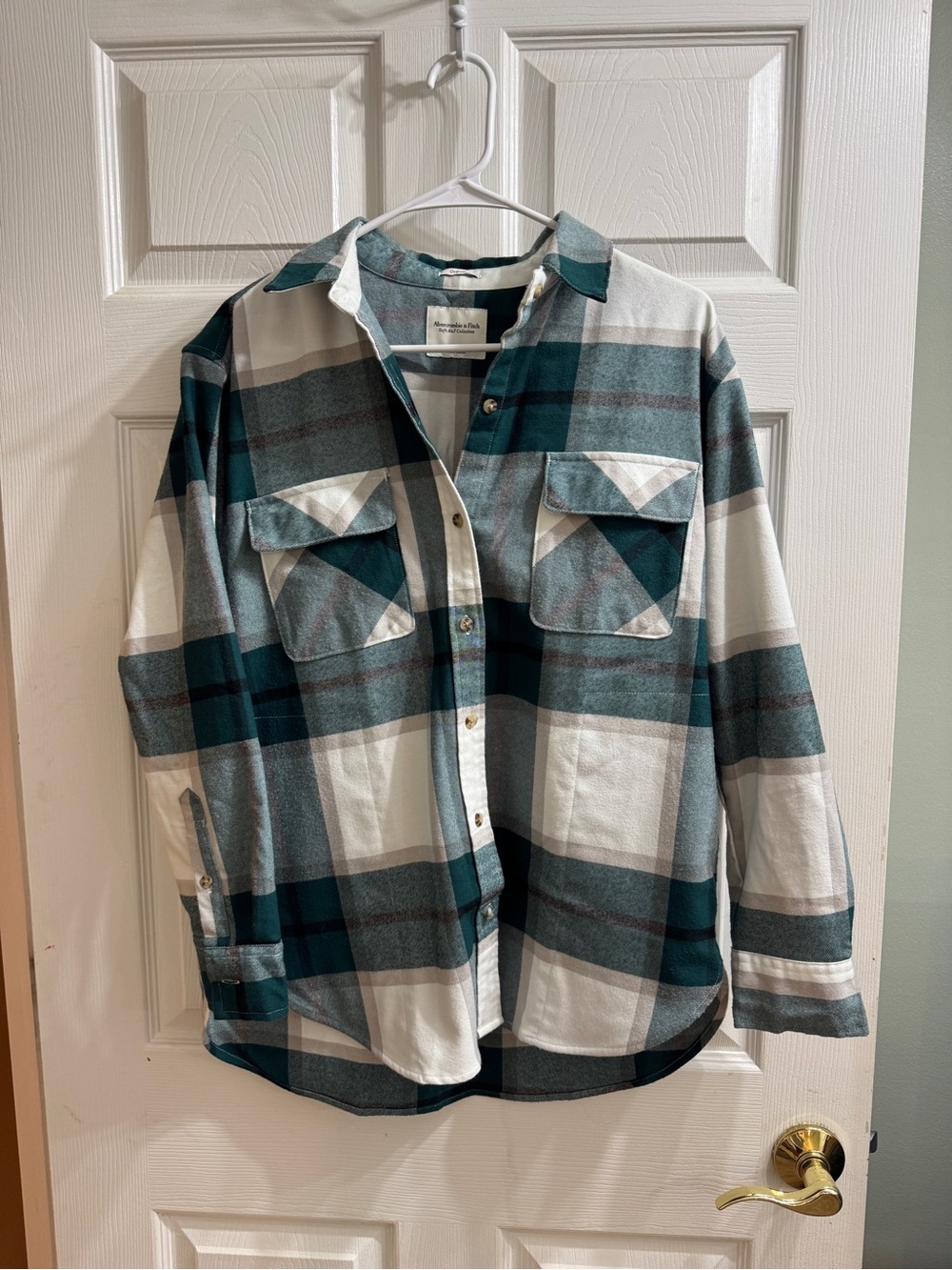 Abercrombie & Fitch Teal, White and Gray Plaid Button-Down Oversized Shacket